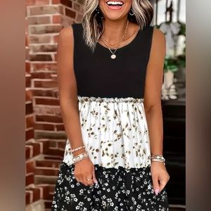 New Floral Print Color Block Dress L